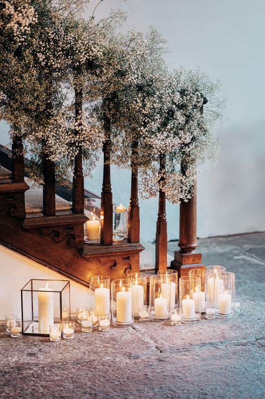 wedding day candles used to decorate staircase